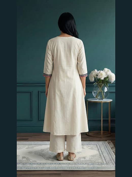 Women's Cream / Off-White Cotton Flared A-Line Kurta with Side Pockets & Matching Wide-Leg Trousers Set