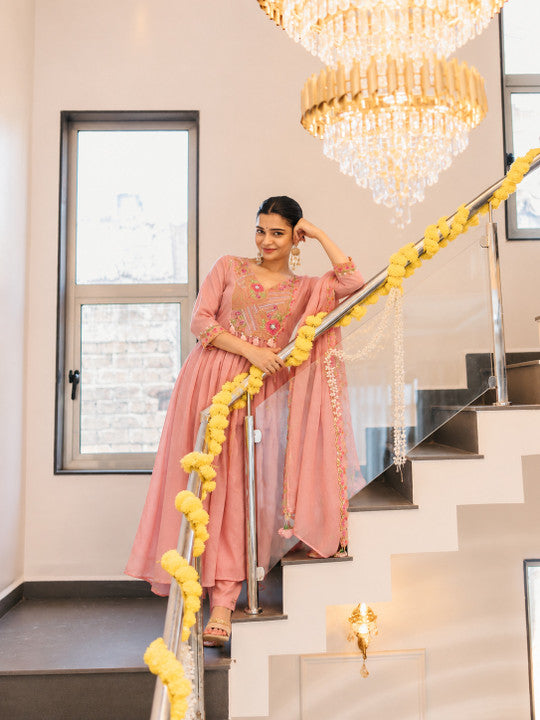 Women's Dusty Peach / Soft Coral Cotton Silk Embroidered Anarkali Kurta with Trousers & Scalloped Dupatta Set
