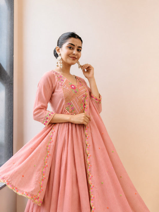Women's Dusty Peach / Soft Coral Cotton Silk Embroidered Anarkali Kurta with Trousers & Scalloped Dupatta Set
