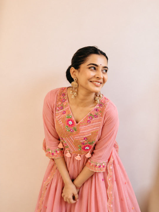 Women's Dusty Peach / Soft Coral Cotton Silk Embroidered Anarkali Kurta with Trousers & Scalloped Dupatta Set