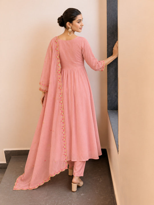Women's Dusty Peach / Soft Coral Cotton Silk Embroidered Anarkali Kurta with Trousers & Scalloped Dupatta Set