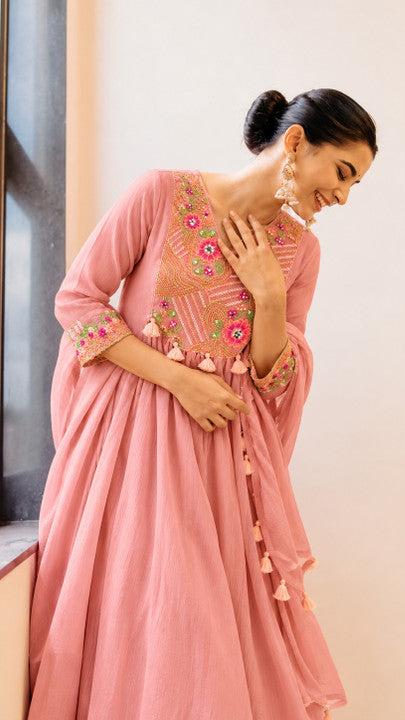 Women's Dusty Peach / Soft Coral Cotton Silk Embroidered Anarkali Kurta with Trousers & Scalloped Dupatta Set