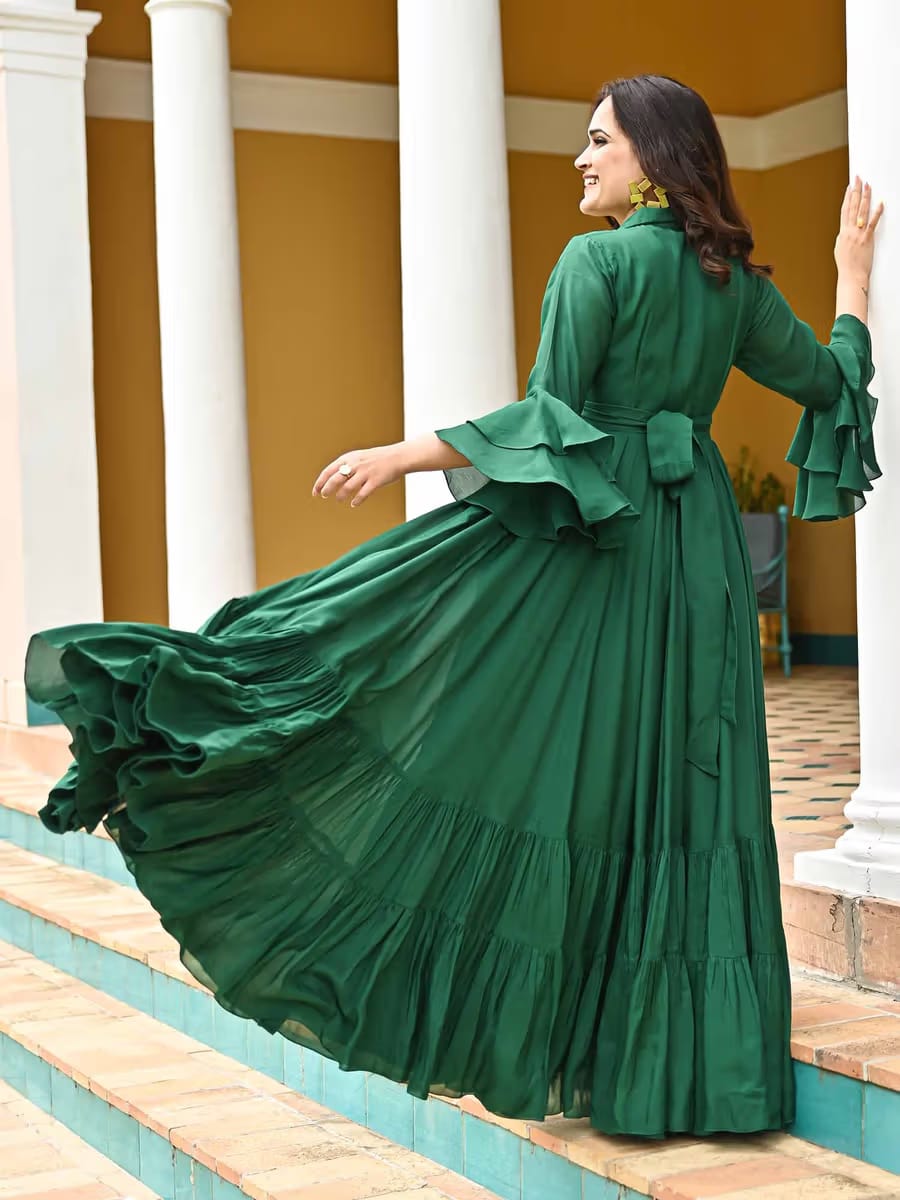 Women’s Emerald Green Collared Tiered Maxi Gown with Front Knot Accent & Bell Sleeves