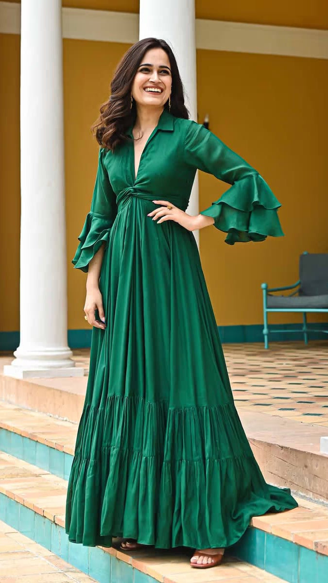 Women’s Emerald Green Collared Tiered Maxi Gown with Front Knot Accent & Bell Sleeves