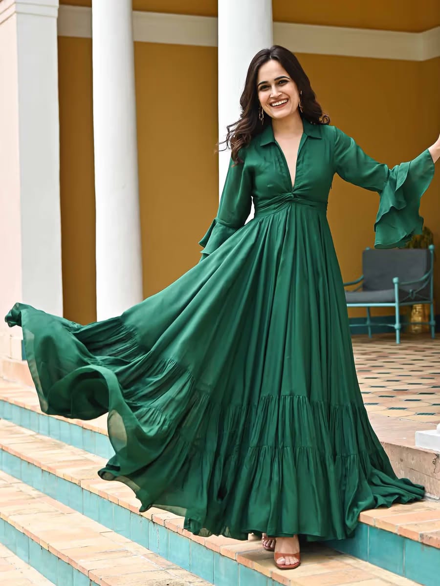 Women’s Emerald Green Collared Tiered Maxi Gown with Front Knot Accent & Bell Sleeves