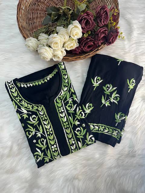 Women's Turquoise Blue Embroidered Kurta with Lace-Bordered Pants Set