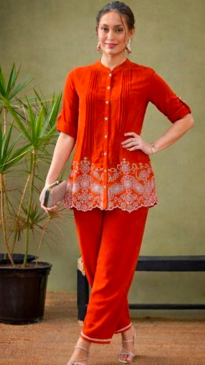 Women's Pink Pintuck & Schiffli Cutwork Shirt Tunic Co-Ord Set