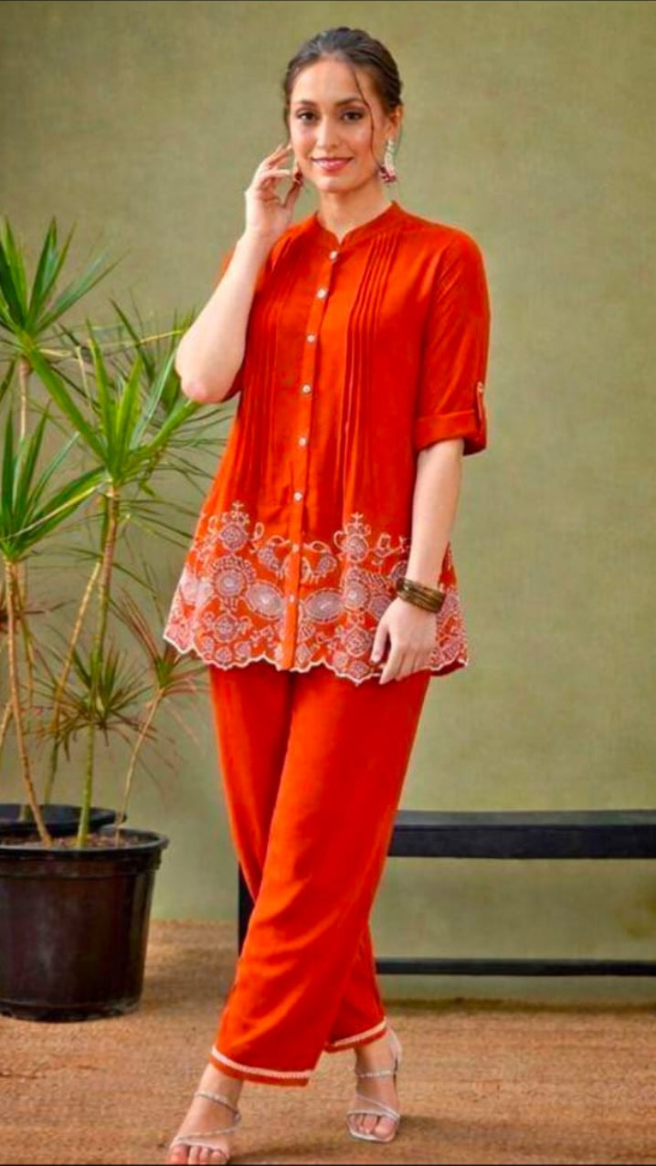 Women's Pink Pintuck & Schiffli Cutwork Shirt Tunic Co-Ord Set