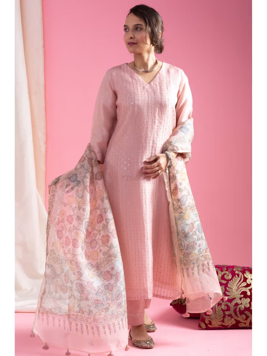 Women's Pastel Pink Chanderi Silk Sequin Embroidered Kurta Set with Botanical Printed Organza Dupatta