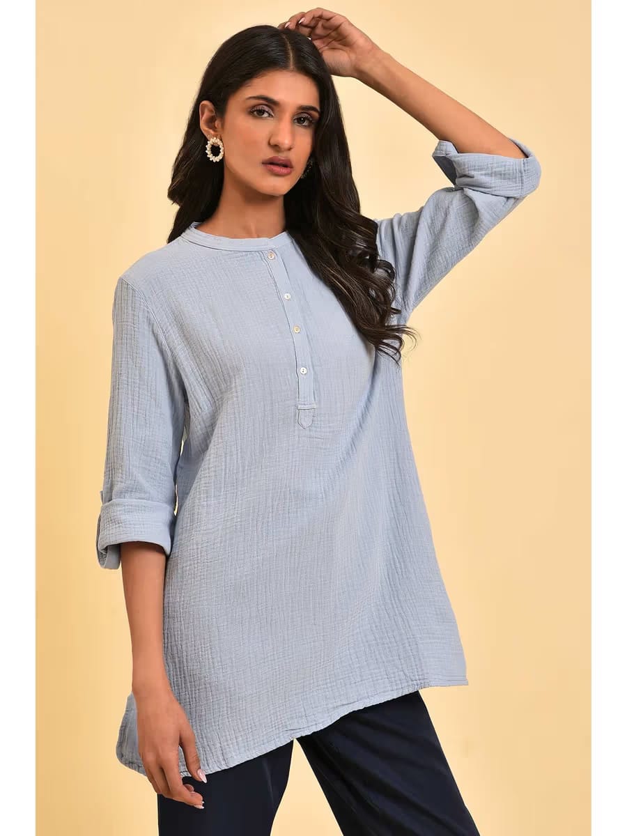 Women's Powder Blue Textured Cotton Tunic Shirt