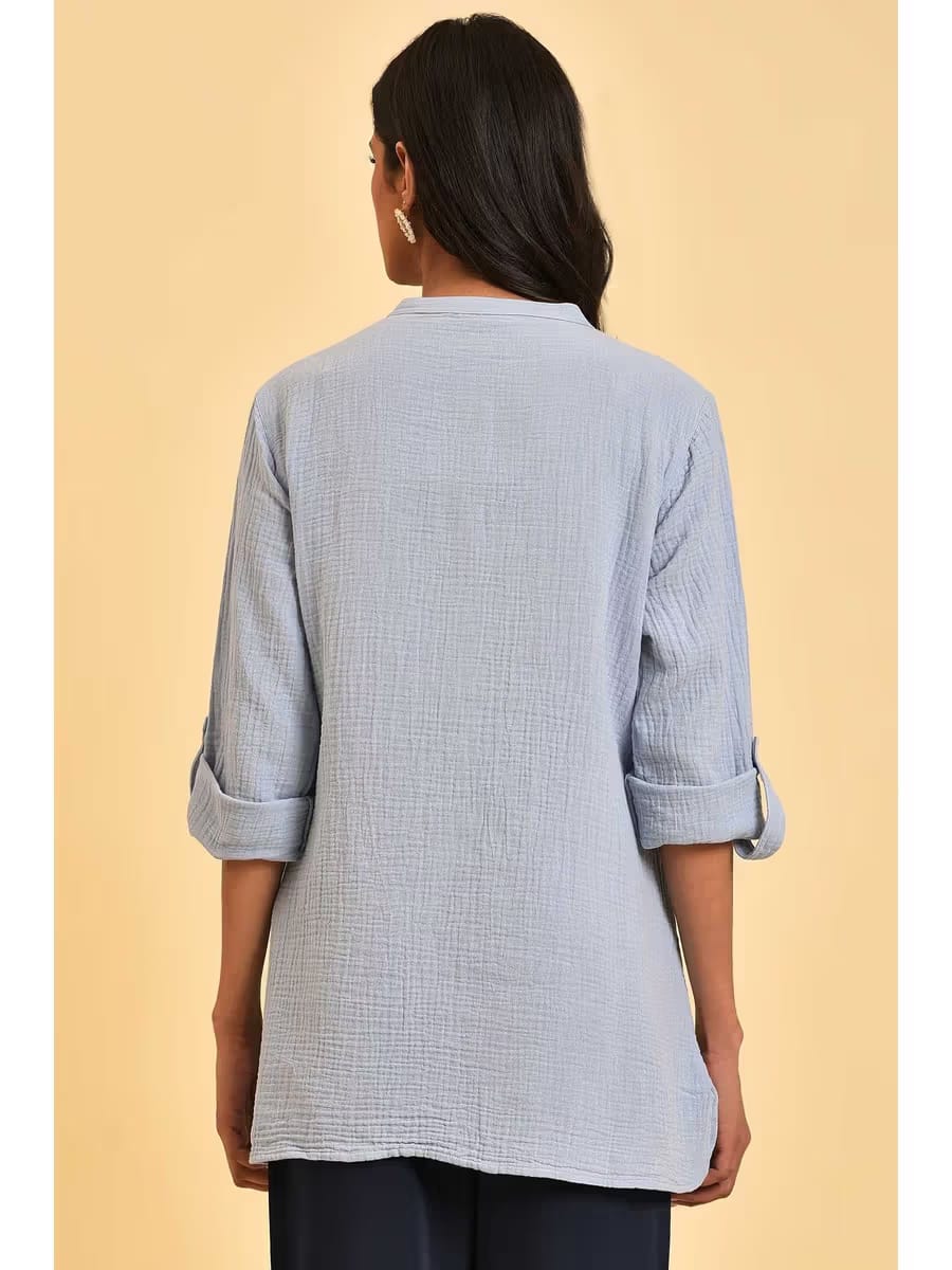 Women's Powder Blue Textured Cotton Tunic Shirt