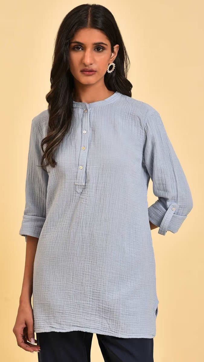 Women's Powder Blue Textured Cotton Tunic Shirt