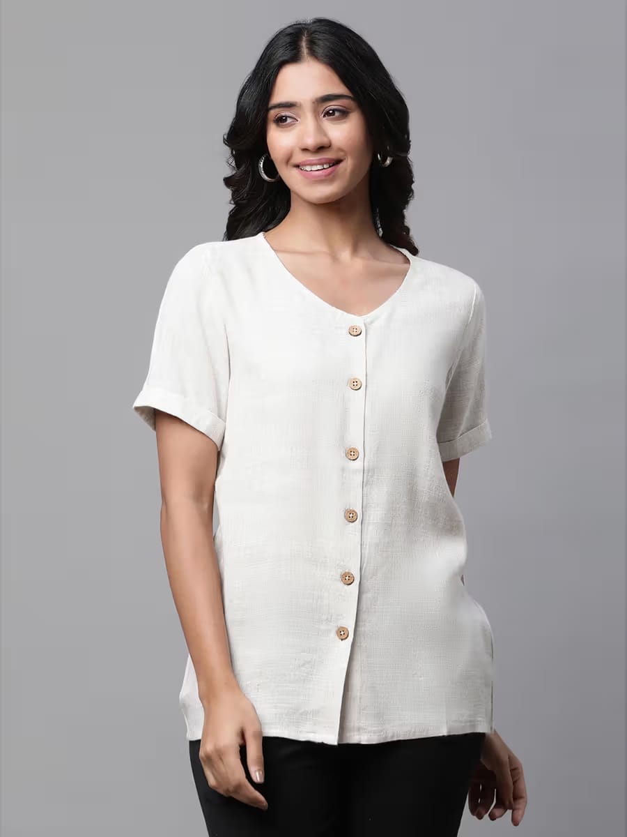 Women's Off-White Linen Blend V-Neck Short Sleeve Button-Front Top