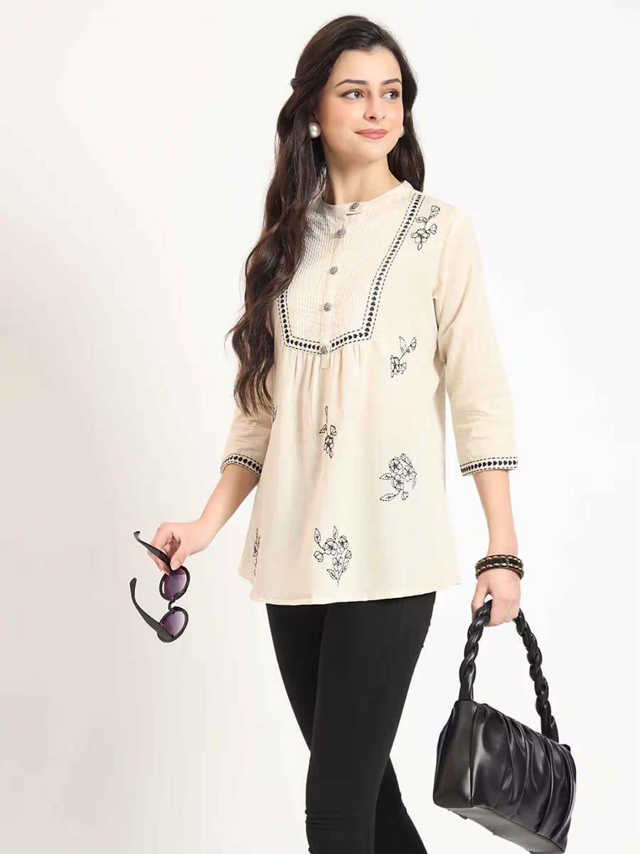 Women's Beige Embroidered Short Tunic Top with Pintuck Yoke