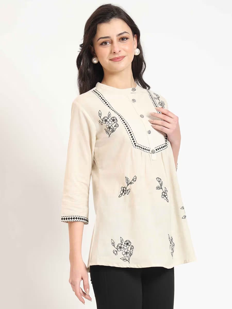 Women's Beige Embroidered Short Tunic Top with Pintuck Yoke