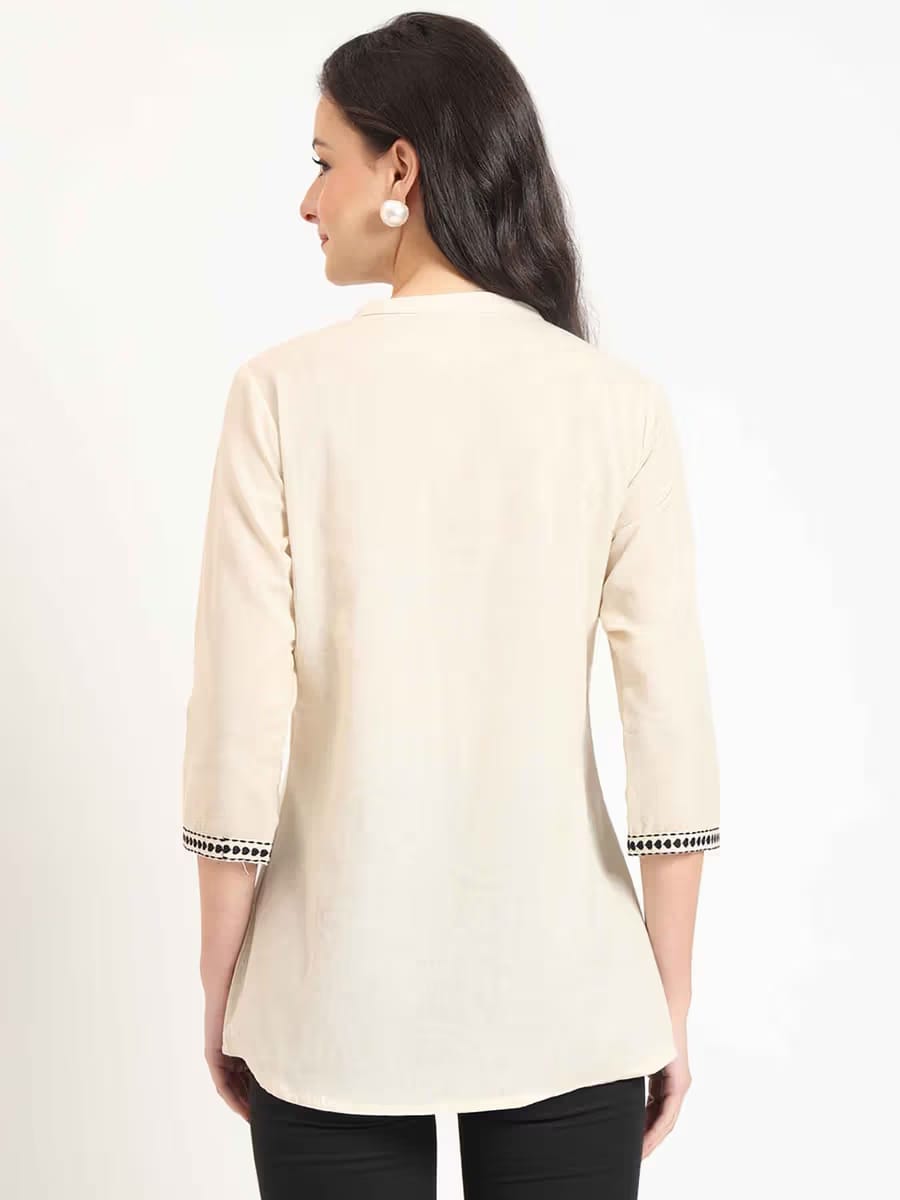 Women's Beige Embroidered Short Tunic Top with Pintuck Yoke