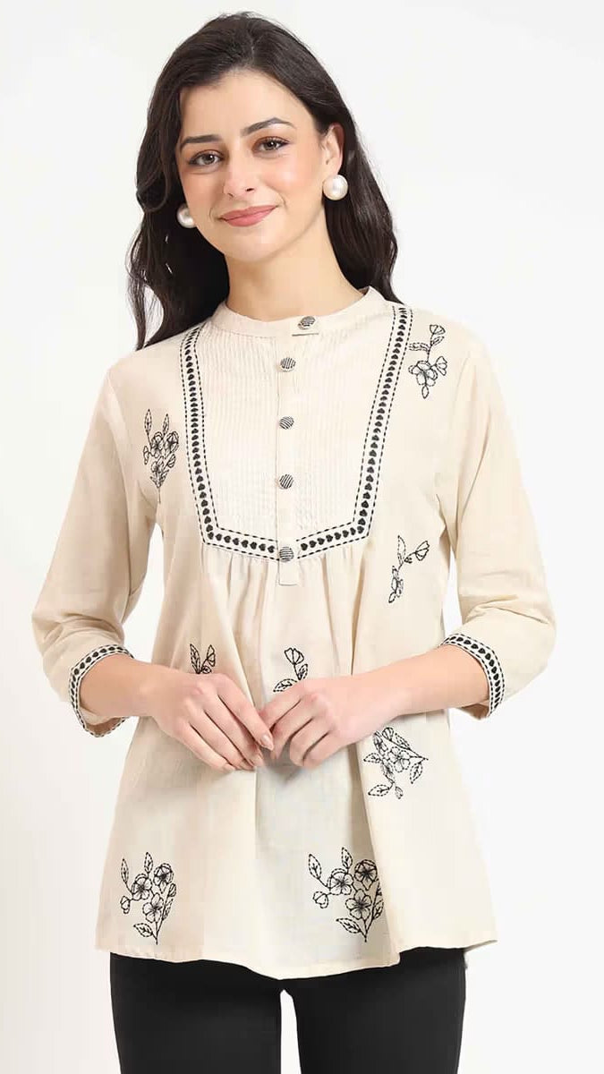 Women's Beige Embroidered Short Tunic Top with Pintuck Yoke