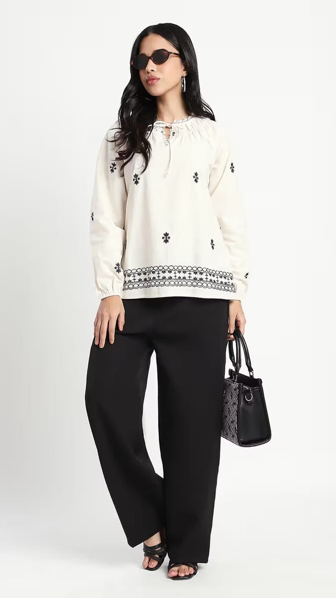 Women's Ivory Embroidered Bohemian Tunic Top with Tie-Up Neck