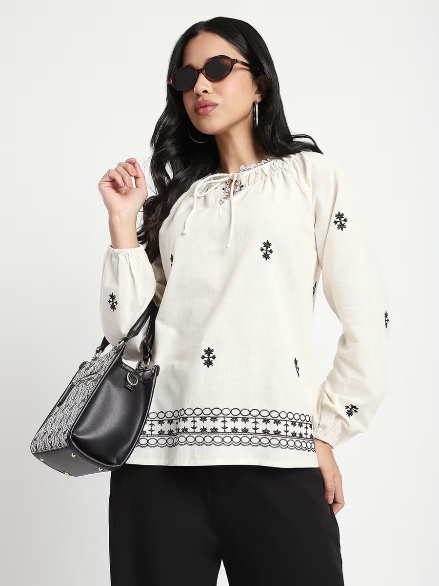 Women's Ivory Embroidered Bohemian Tunic Top with Tie-Up Neck