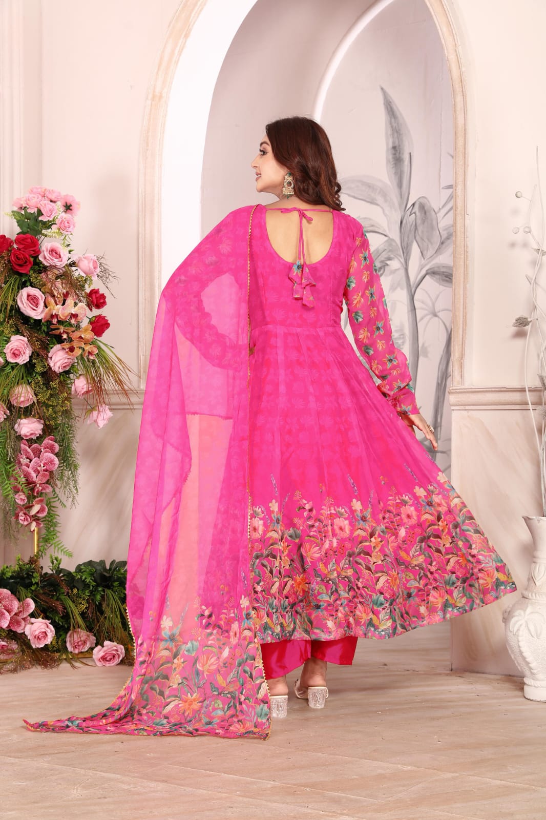 Women’s Rani Pink Floral Printed Georgette Anarkali Suit Set