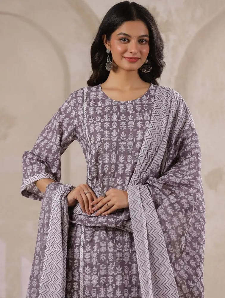 Women’s Slate Grey Floral & Chevron Printed Pure Cotton Kurta Set with Dupatta