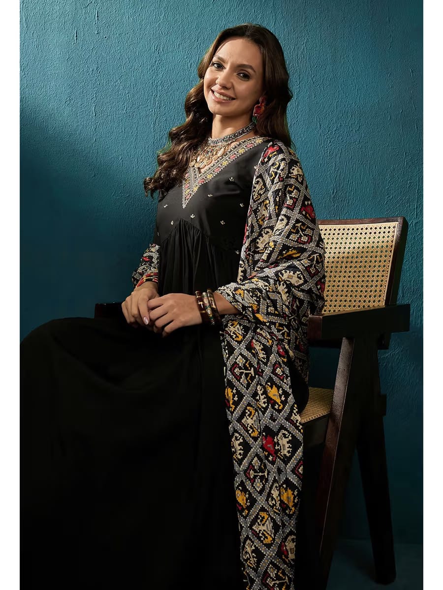 Women’s Black Anarkali Kurta Set with Embroidered Yoke & Printed Dupatta