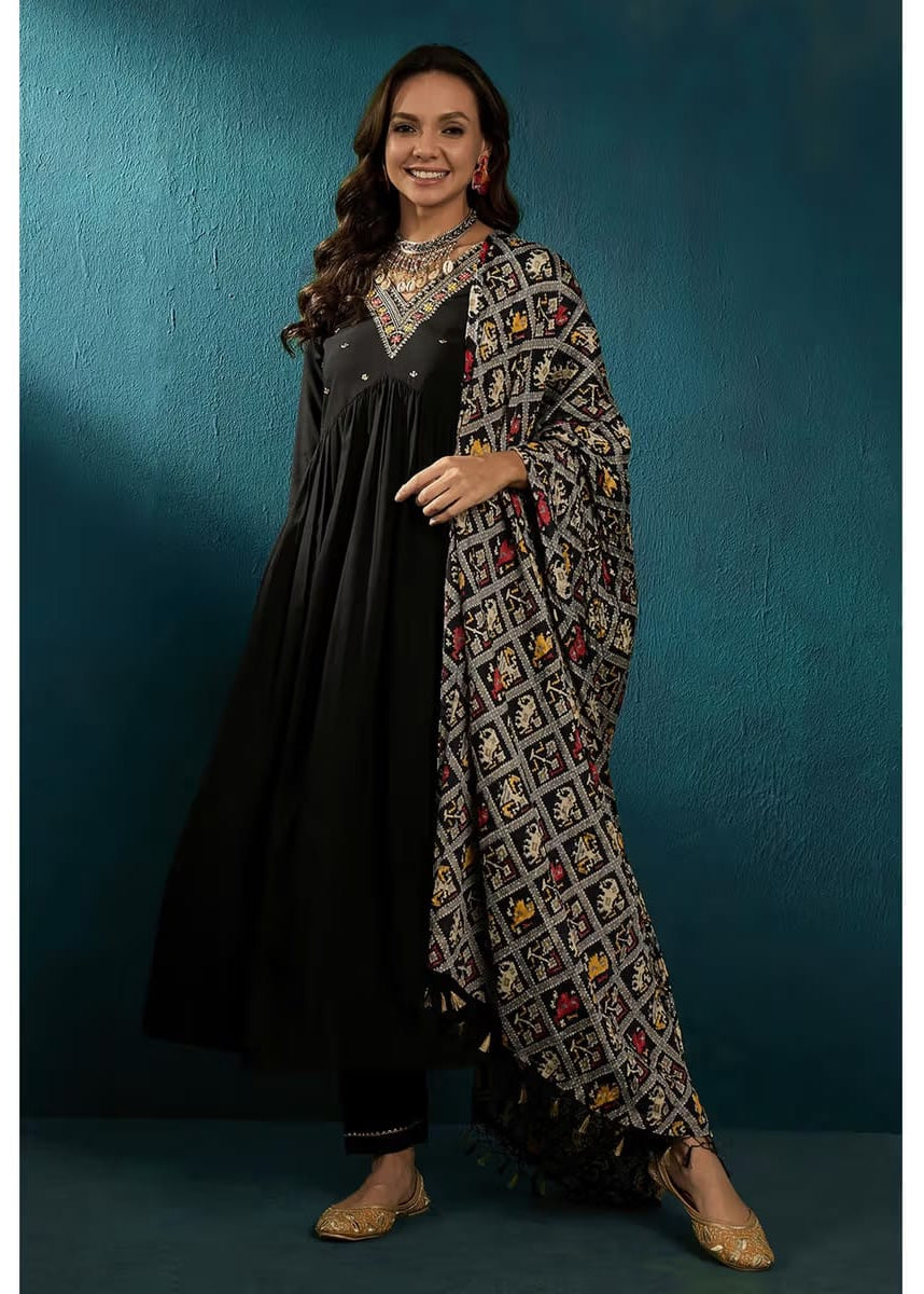 Women’s Black Anarkali Kurta Set with Embroidered Yoke & Printed Dupatta