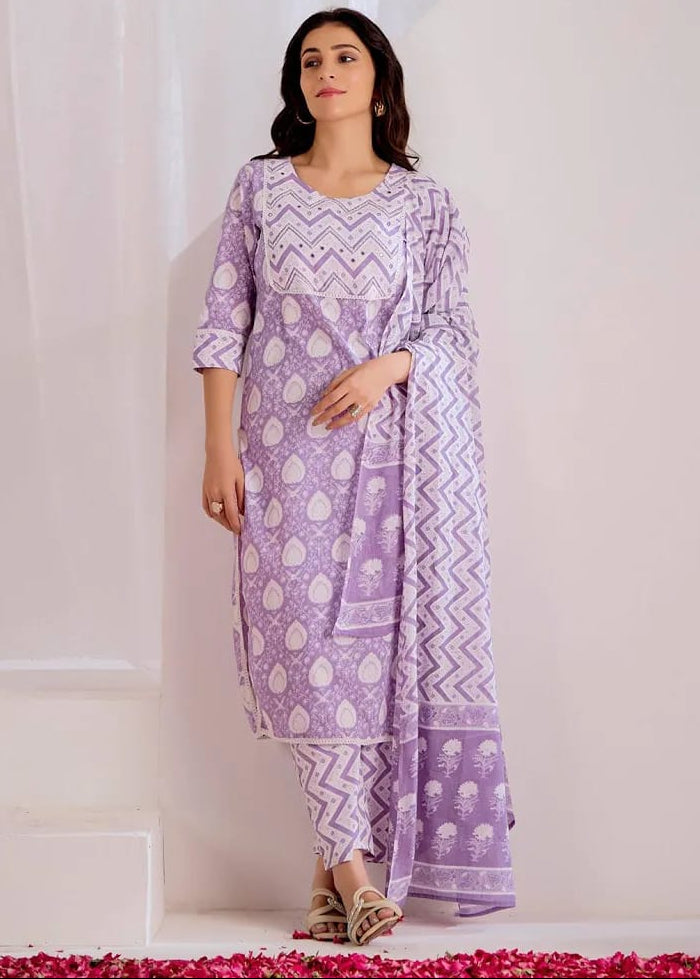Women’s Lavender Printed Kurta Set with Dupatta