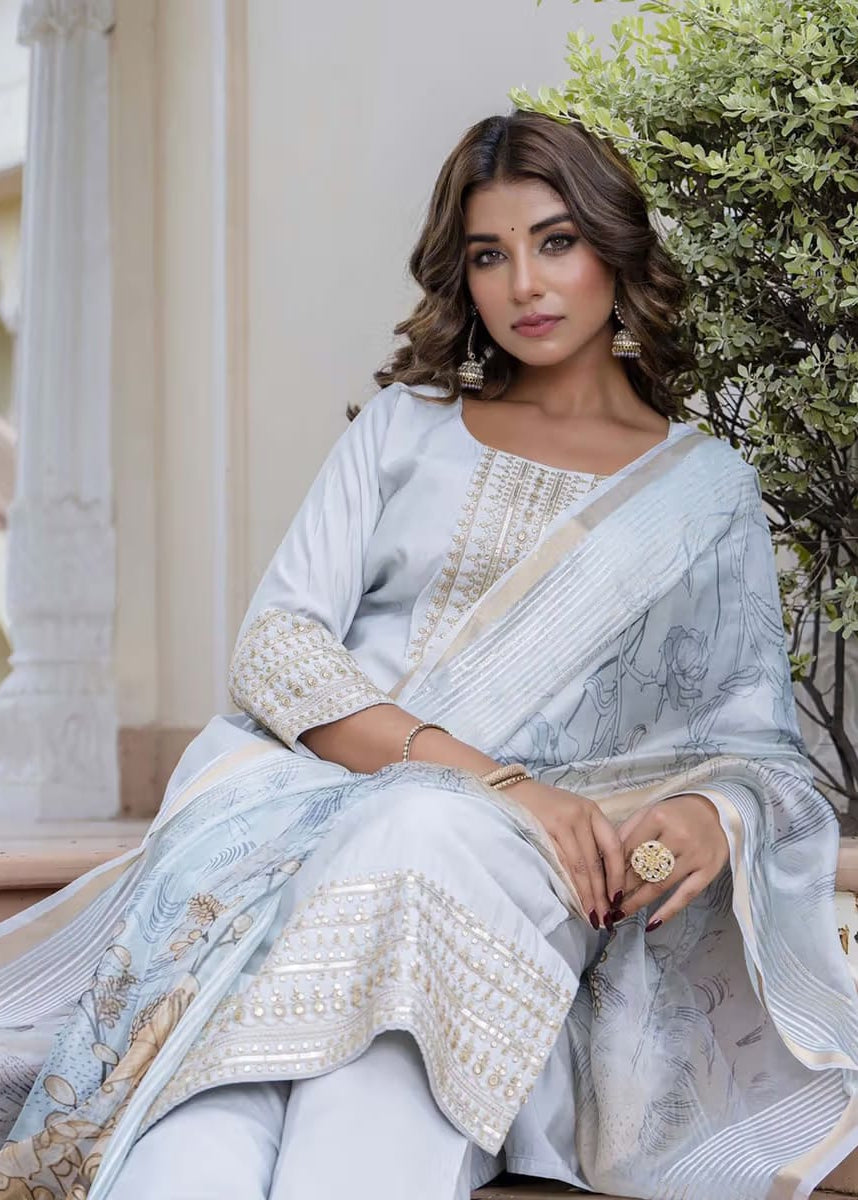 Women’s Light Blue Embroidered Kurta Set with Dupatta