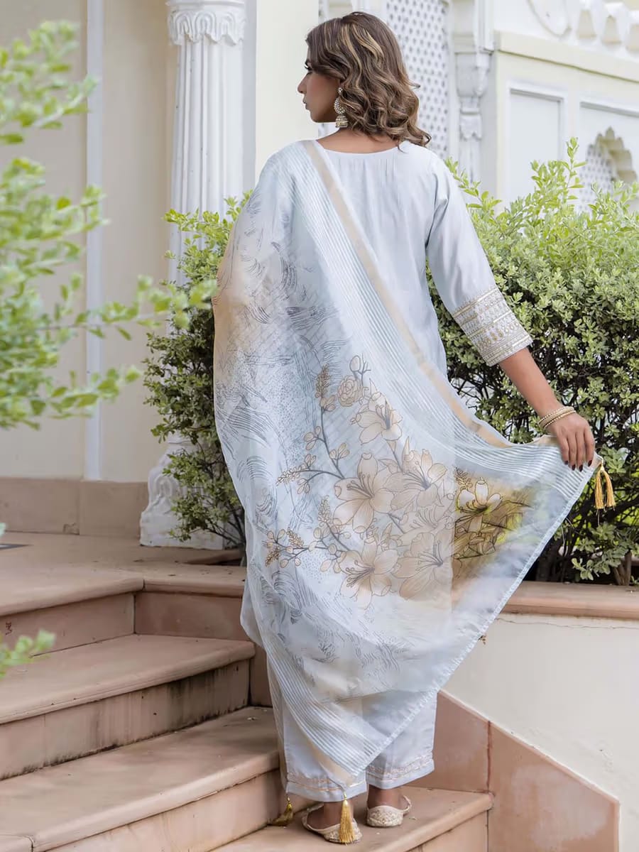 Women’s Light Blue Embroidered Kurta Set with Dupatta