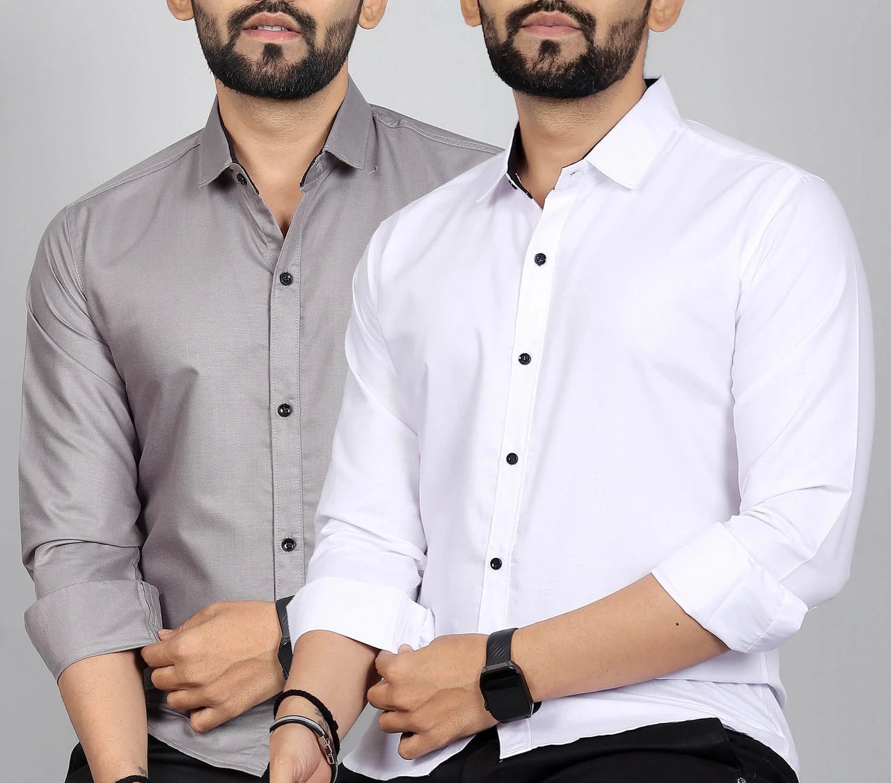 Men’s Solid Slim Fit Formal Shirts Combo (Grey & White)