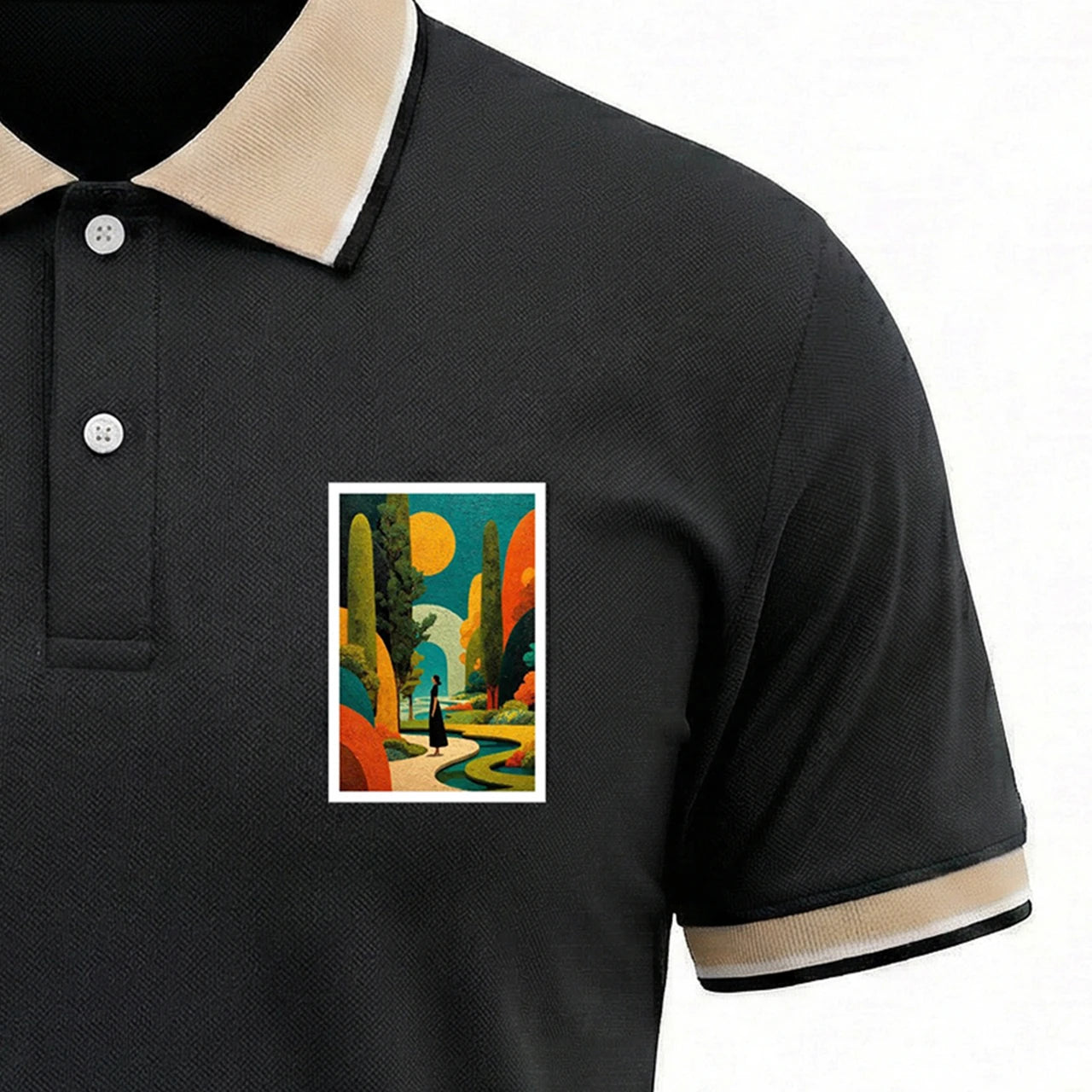 Men’s Solid Polo T-Shirt with Contrast Collar & Printed Chest Patch – Black