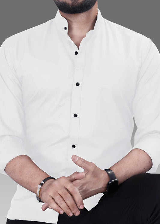 Men's Shirt Mandarin Collar Casual Shirt – White