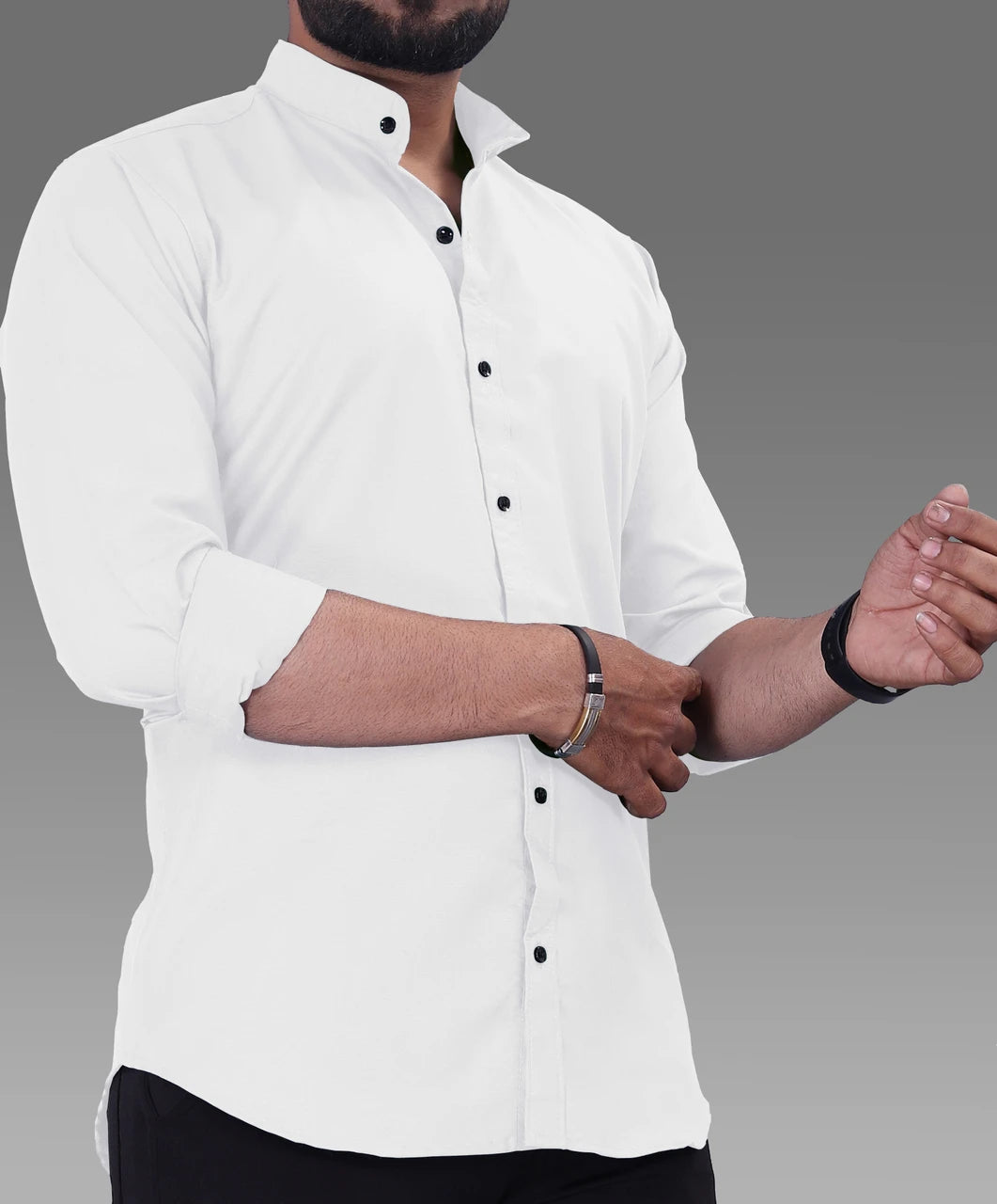 Men's Shirt Mandarin Collar Casual Shirt – White