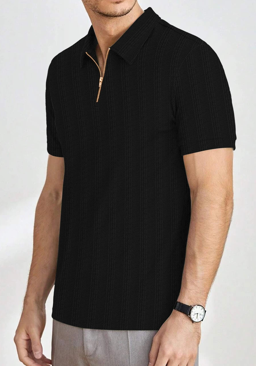 Men’s Ribbed Zip-Neck Polo T-Shirt – Solid Black