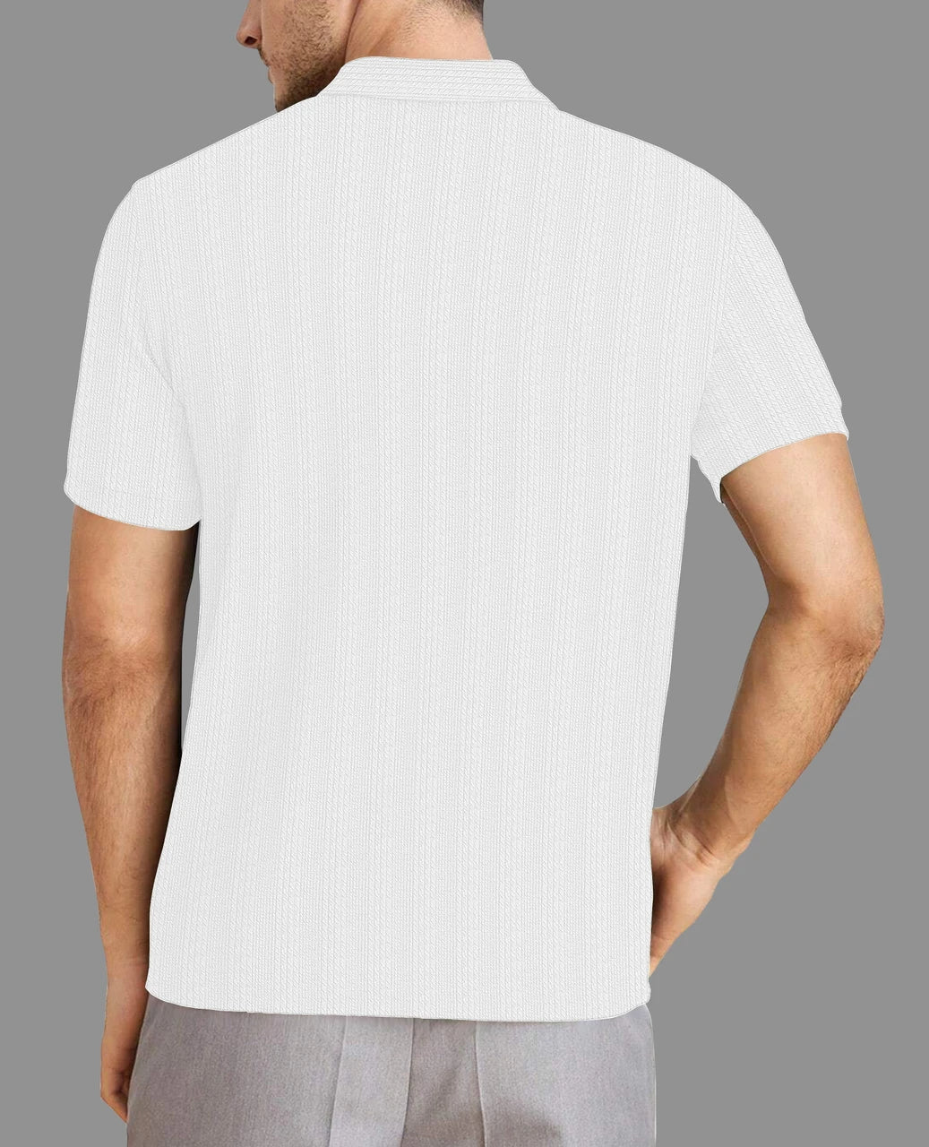 Men’s Solid Textured Polo T-Shirt with Zipper Neck – White
