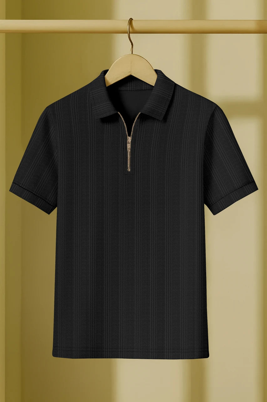 Men’s Ribbed Zip-Neck Polo T-Shirt – Solid Black