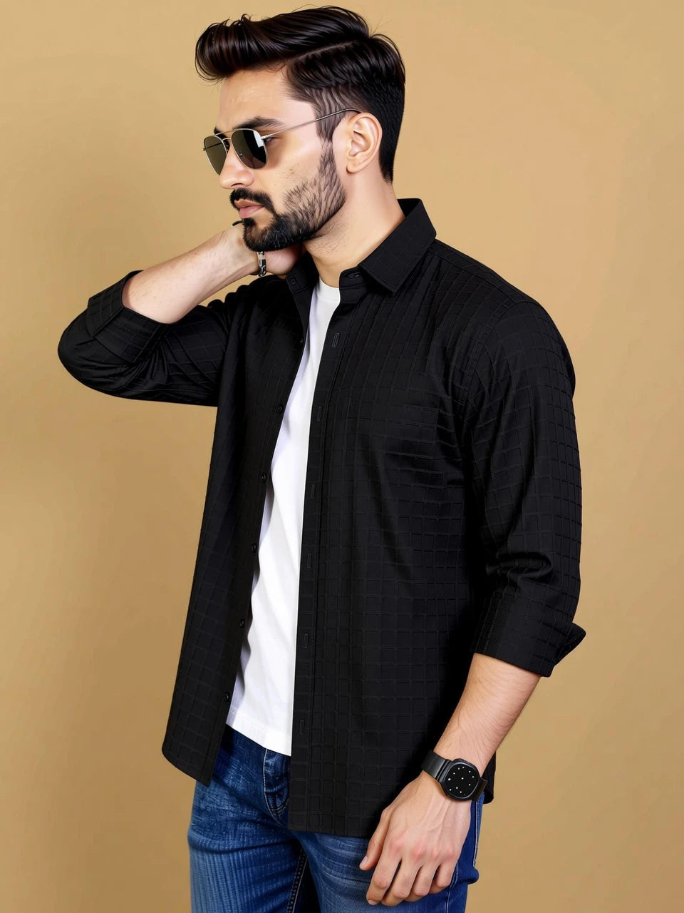 Men's Regular Fit Textured Casual Shirt – Black