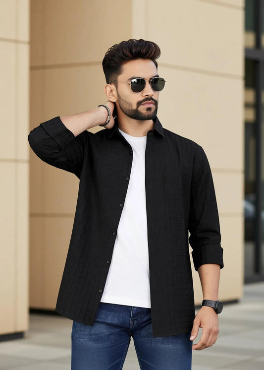 Men's Regular Fit Textured Casual Shirt – Black