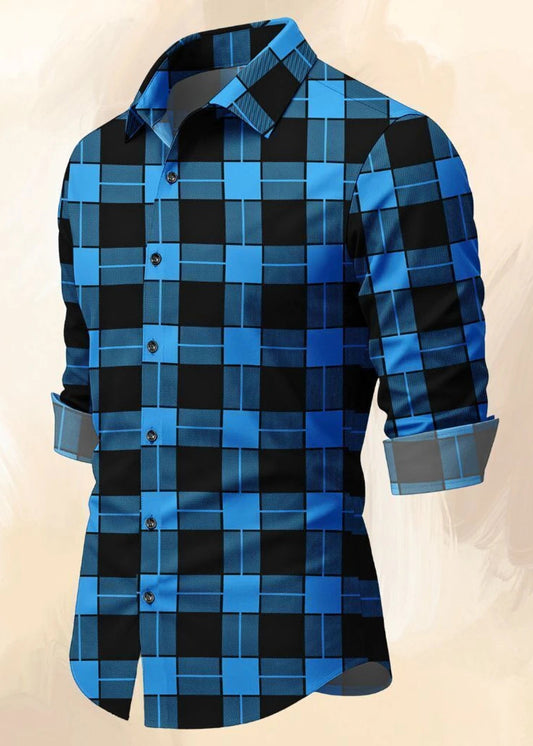 Capkin Collections Men's Digital Checkered Casual Shirt – Electric Blue & Black