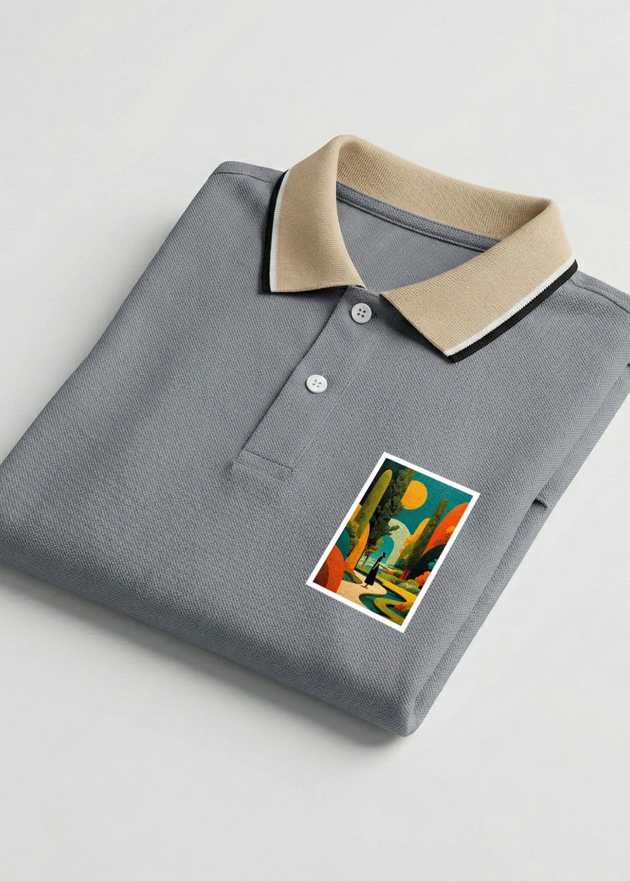 Men’s Solid Polo T-Shirt with Contrast Collar & Printed Chest Patch – Grey