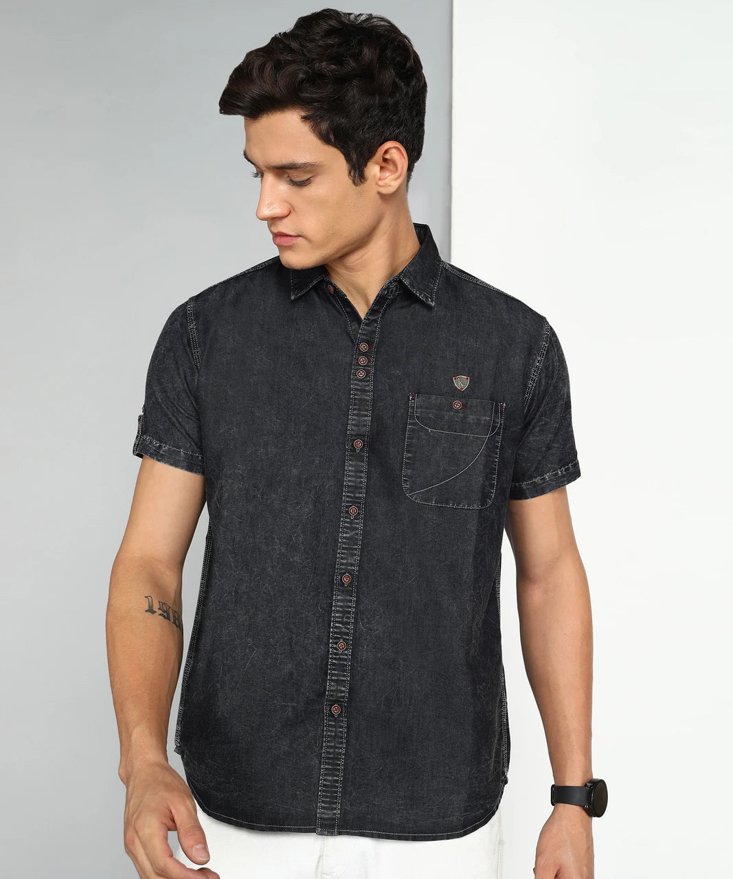 Men’s Washed Denim Casual Shirt – Short Sleeve
