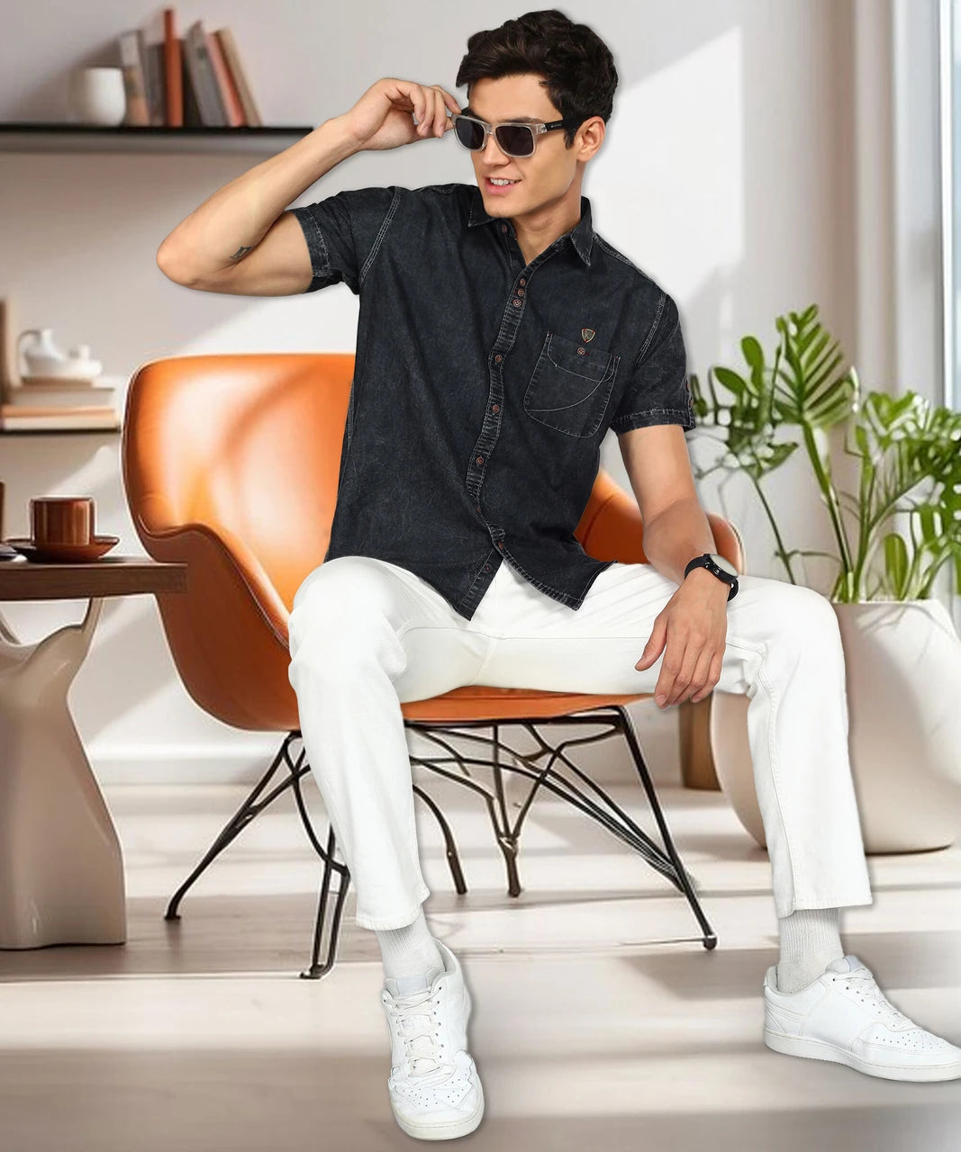 Men’s Washed Denim Casual Shirt – Short Sleeve