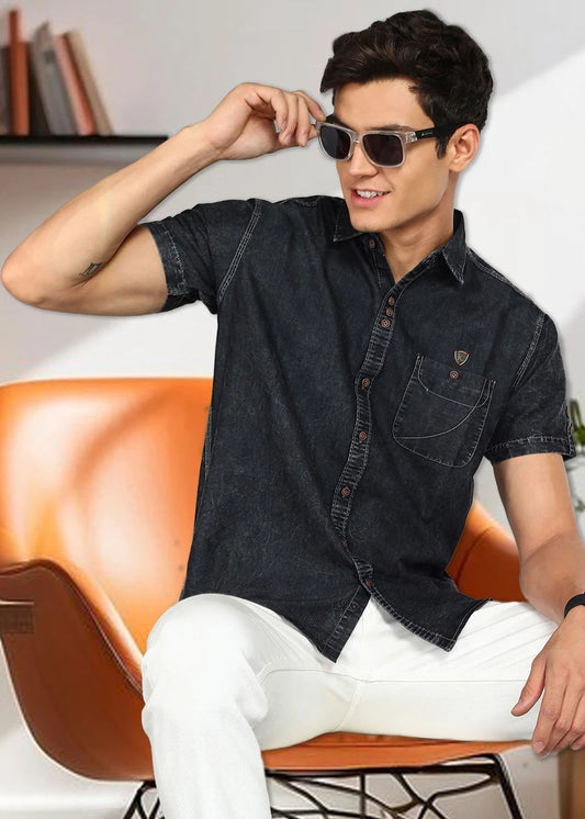 Men’s Washed Denim Casual Shirt – Short Sleeve
