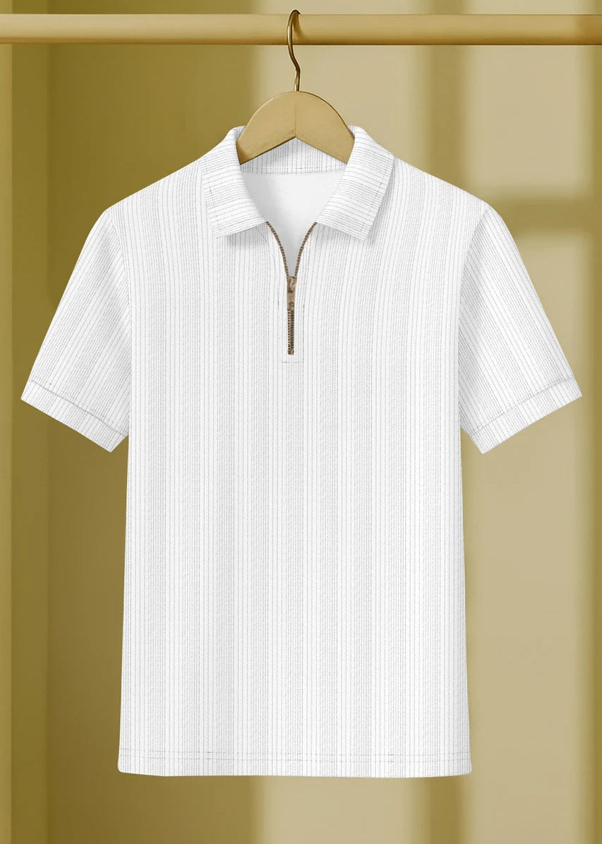 Men’s Solid Textured Polo T-Shirt with Zipper Neck – White