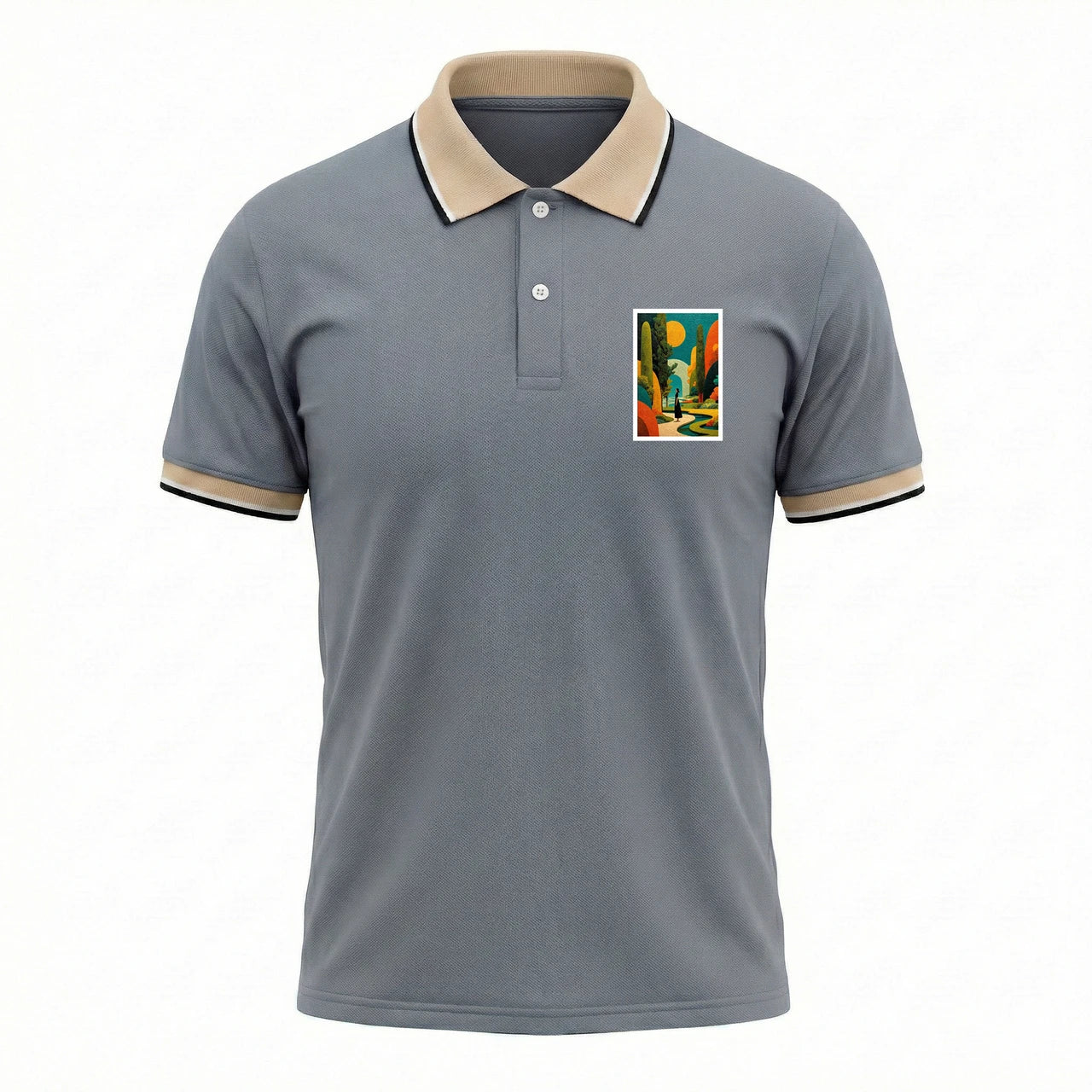Men’s Solid Polo T-Shirt with Contrast Collar & Printed Chest Patch – Grey