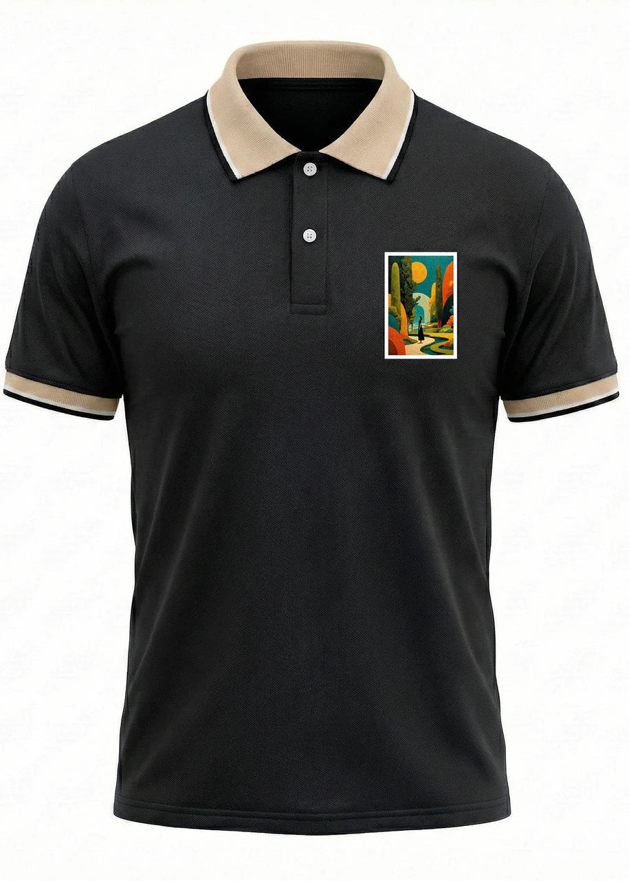 Men’s Solid Polo T-Shirt with Contrast Collar & Printed Chest Patch – Black