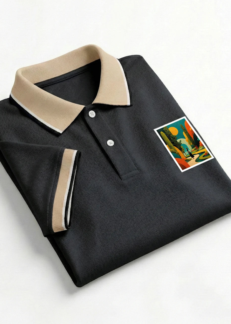 Men’s Solid Polo T-Shirt with Contrast Collar & Printed Chest Patch – Black