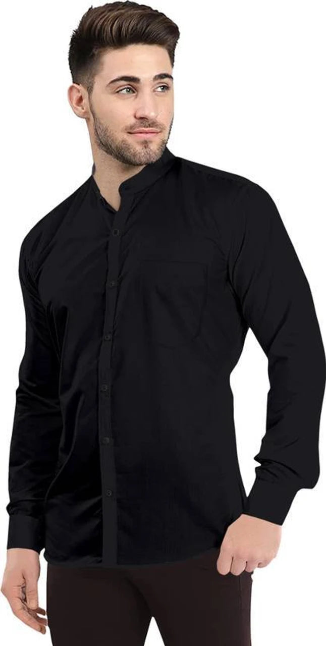 Amazen Men's Shit Mandarin Collar Regular Fit Solid Casual Shirt – Black