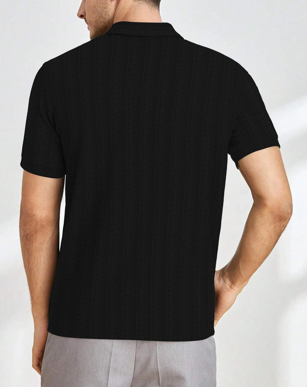 Men’s Ribbed Zip-Neck Polo T-Shirt – Solid Black